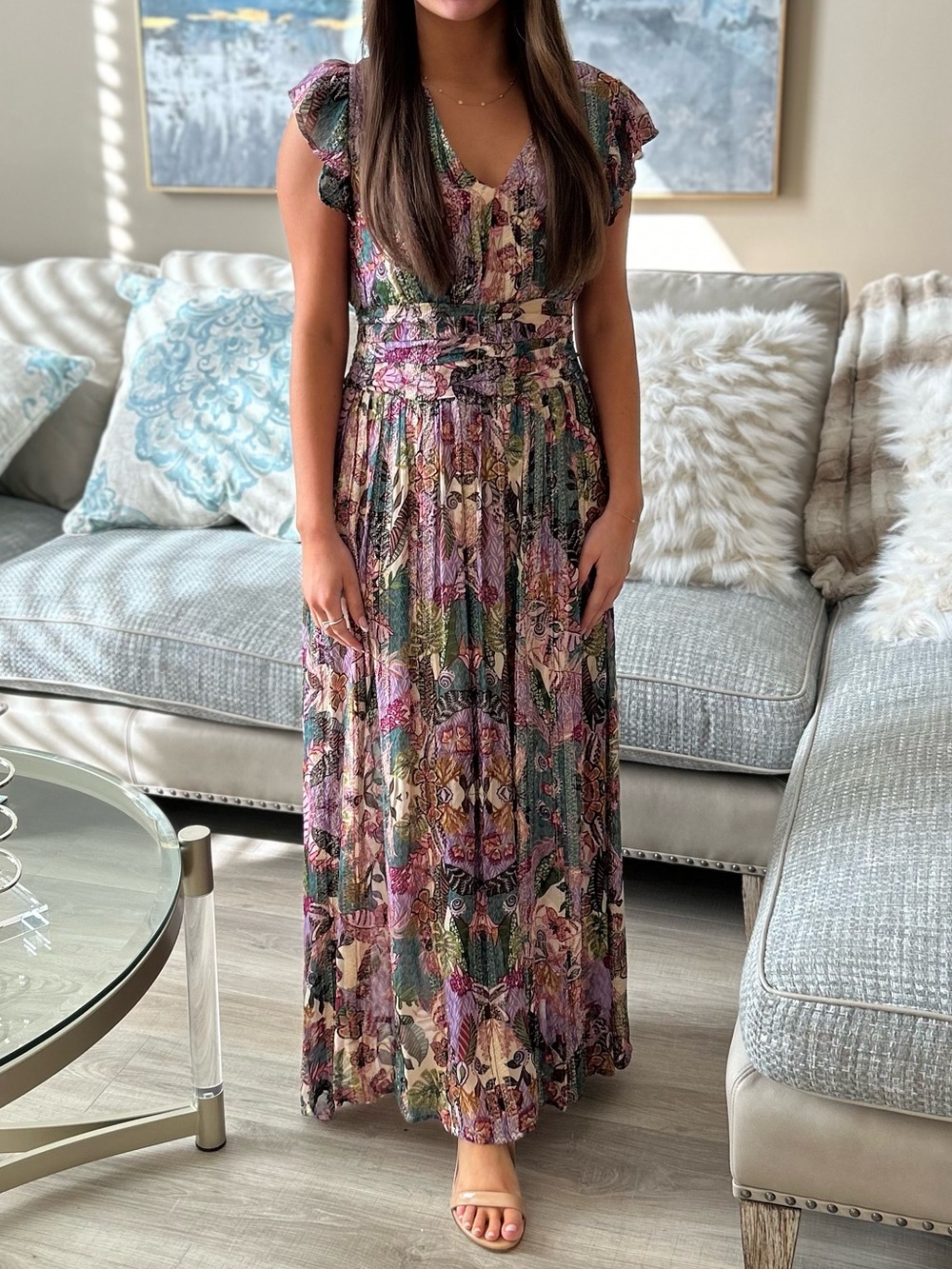 Floral Boho Maxi Dress in Pink and Green